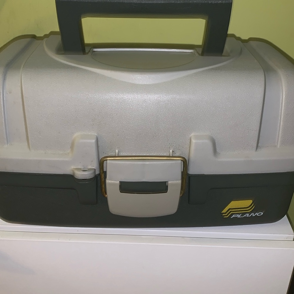 Vintage Plano tackle box loaded with bait, lures etc